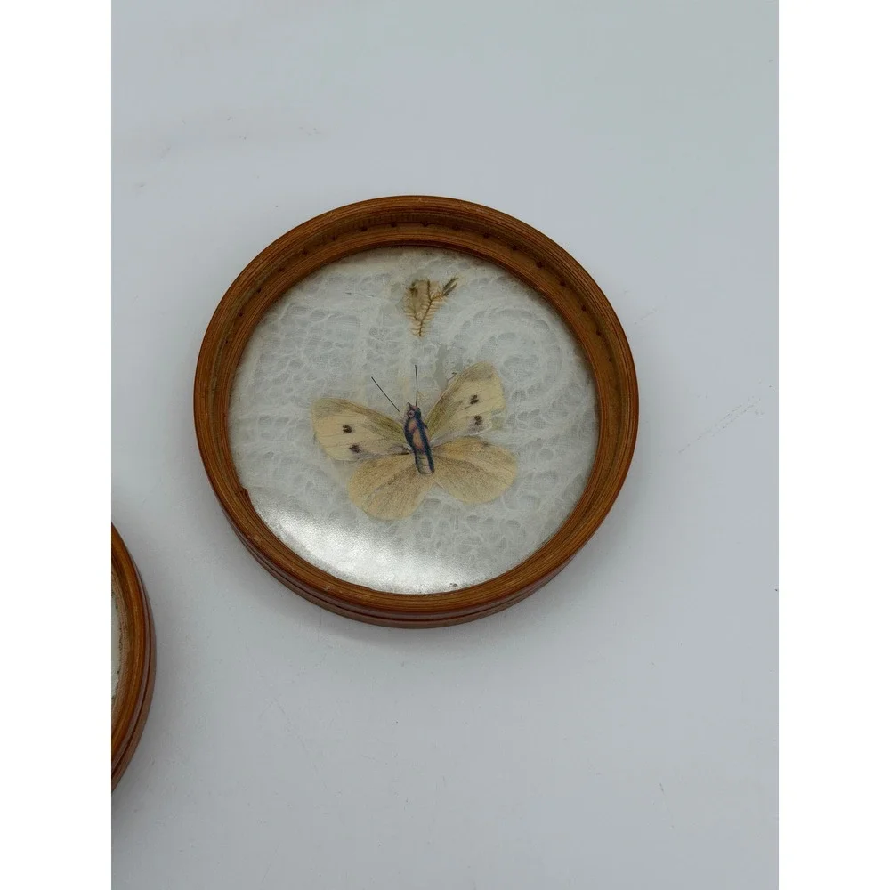 Vintage Bamboo Coasters Set of‎ 2 Pressed Butterfly Lace Inlay Glass Round 4in